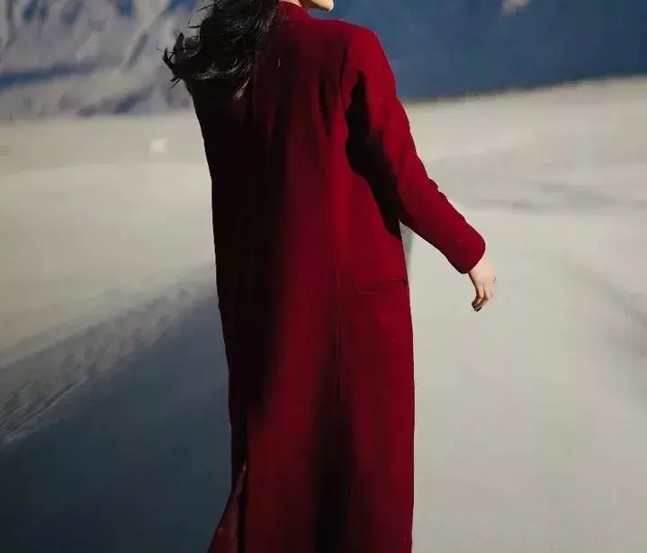 Women Burgundy Wool Long Coat