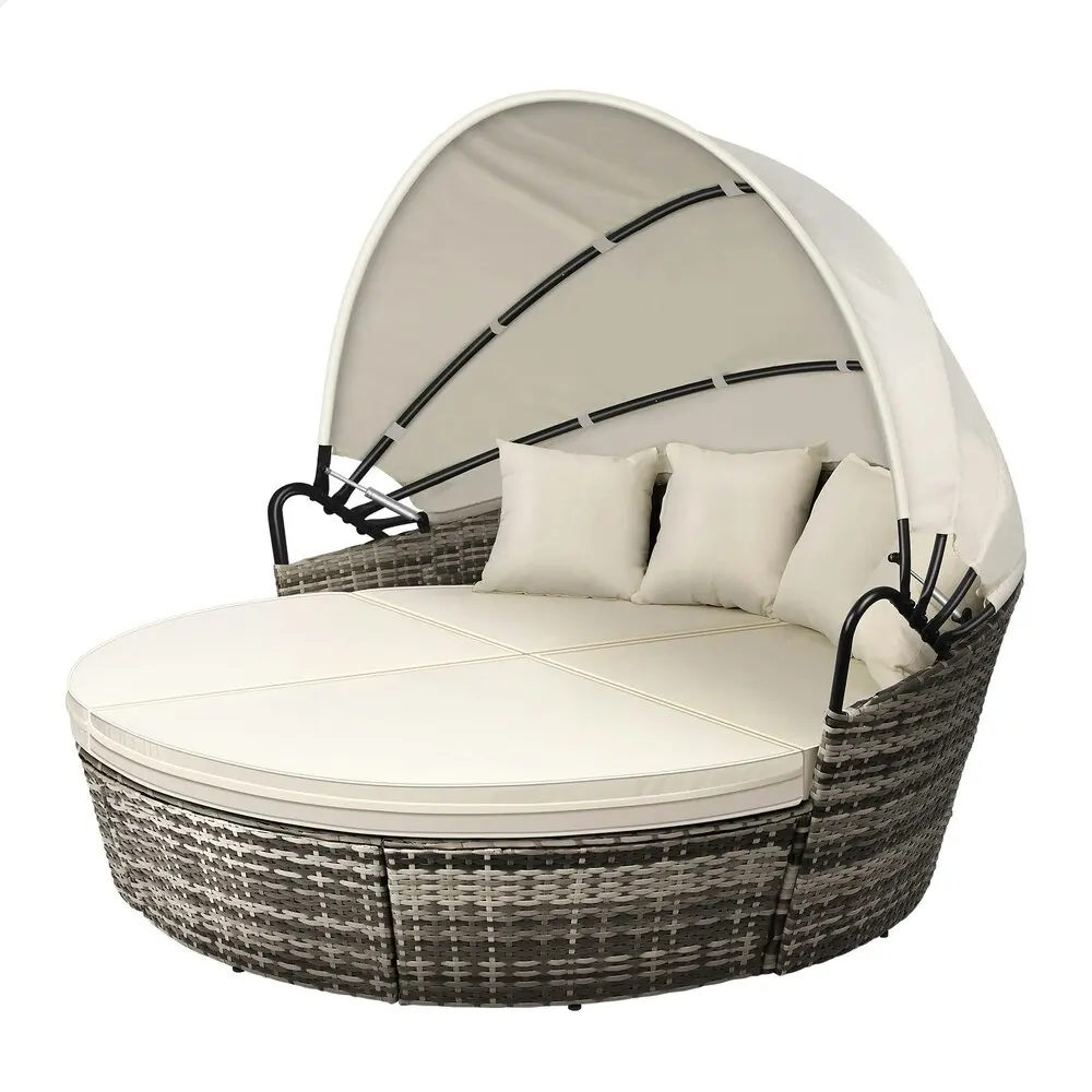 Alfordson Outdoor Sun Lounge Round Day Bed Wicker Furniture Beige