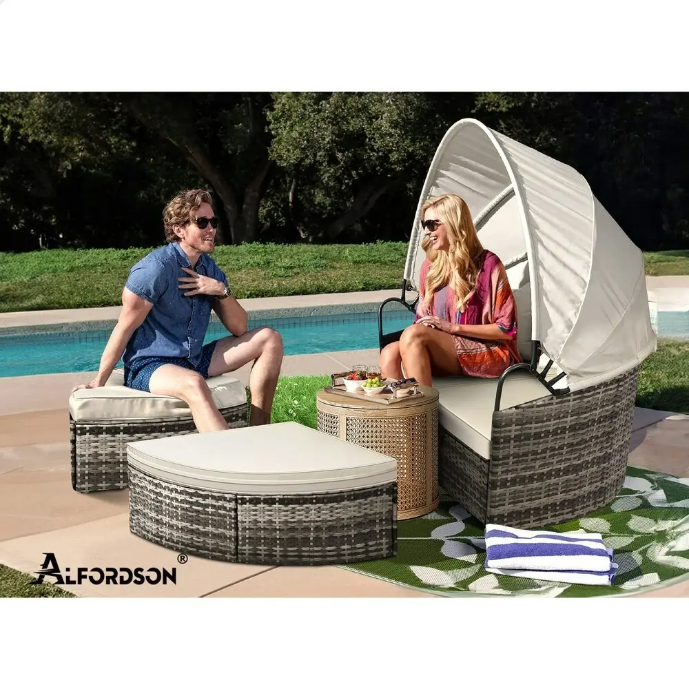 Alfordson Outdoor Sun Lounge Round Day Bed Wicker Furniture Beige