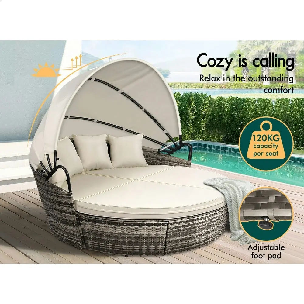 Alfordson Outdoor Sun Lounge Round Day Bed Wicker Furniture Beige