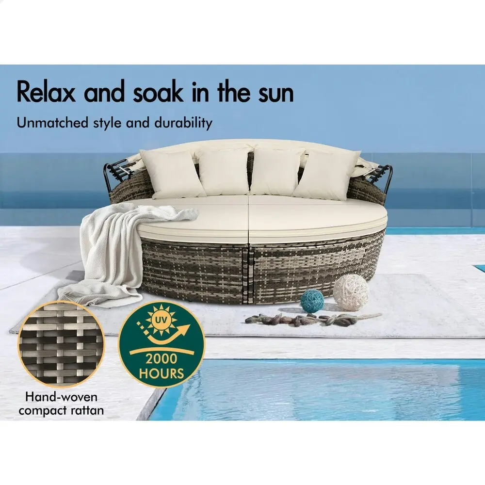 Alfordson Outdoor Sun Lounge Round Day Bed Wicker Furniture Beige