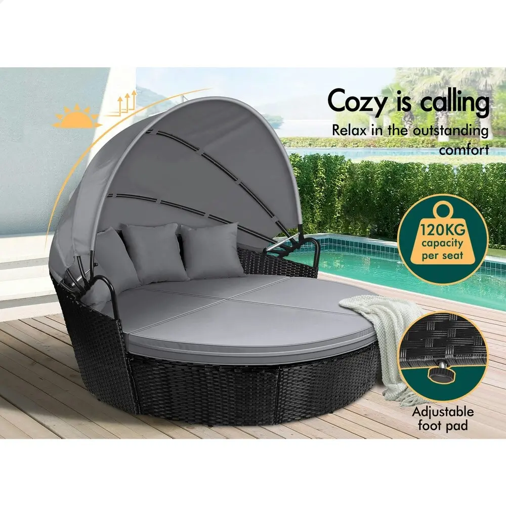 Alfordson Outdoor Sun Lounge Round Day Bed Wicker Furniture Black