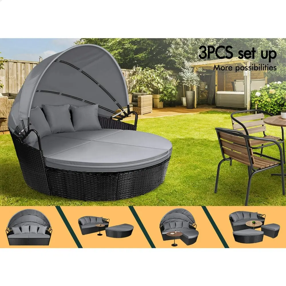 Alfordson Outdoor Sun Lounge Round Day Bed Wicker Furniture Black