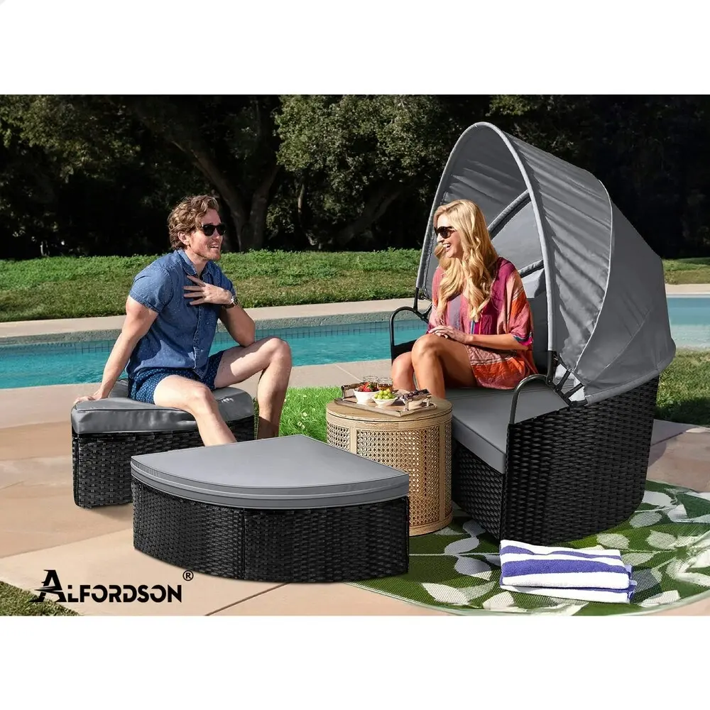 Alfordson Outdoor Sun Lounge Round Day Bed Wicker Furniture Black