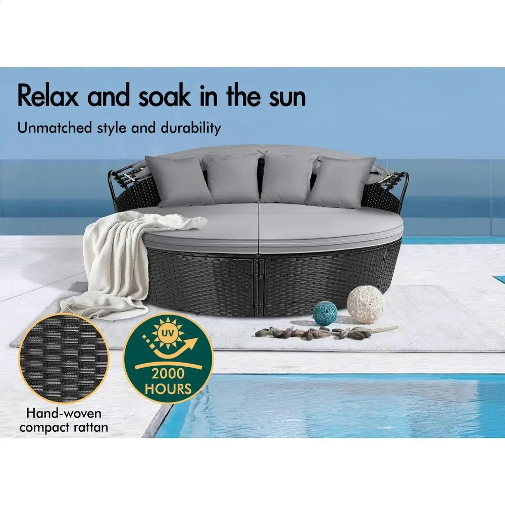 Alfordson Outdoor Sun Lounge Round Day Bed Wicker Furniture Black