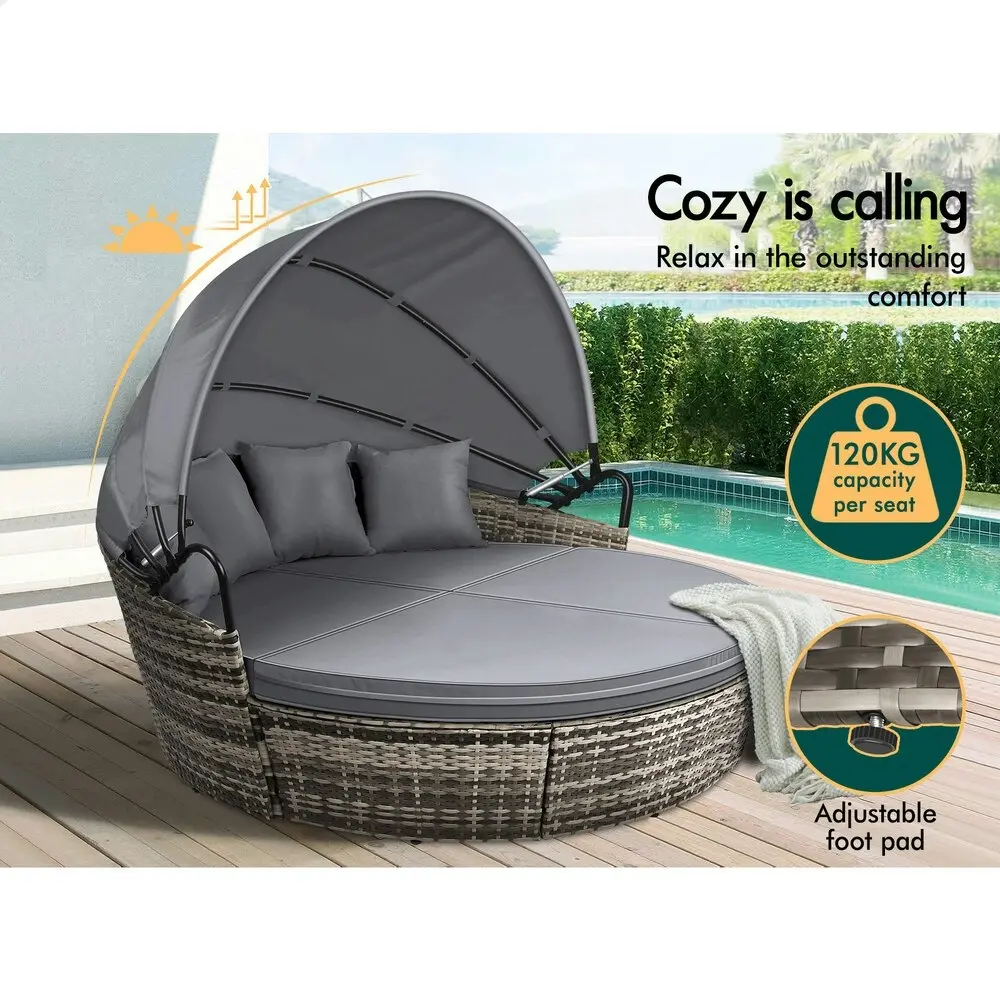 Alfordson Outdoor Sun Lounge Round Day Bed Wicker Furniture Grey