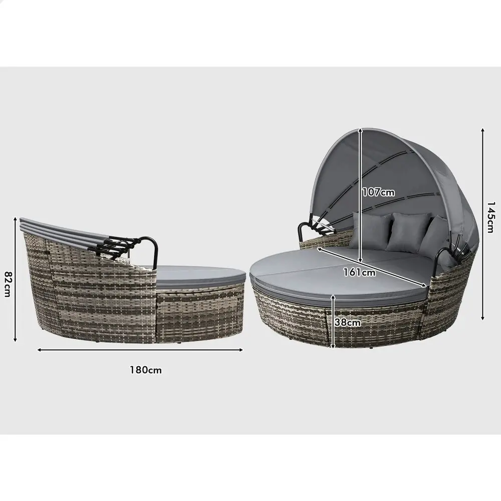 Alfordson Outdoor Sun Lounge Round Day Bed Wicker Furniture Grey