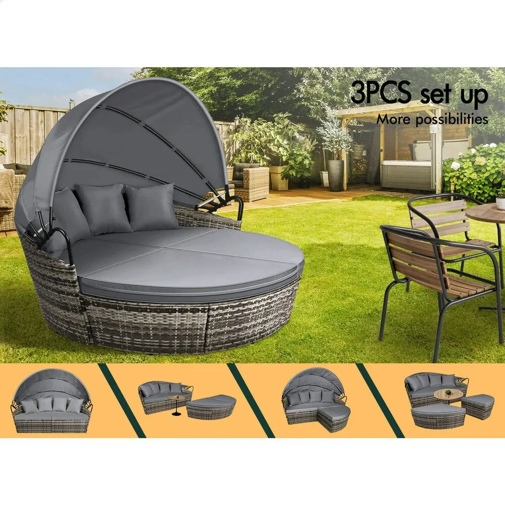 Alfordson Outdoor Sun Lounge Round Day Bed Wicker Furniture Grey