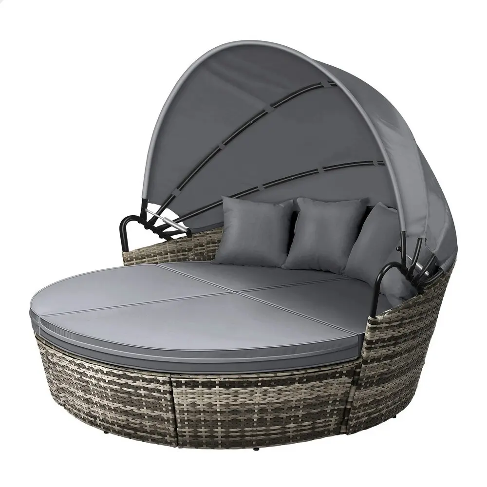 Alfordson Outdoor Sun Lounge Round Day Bed Wicker Furniture Grey