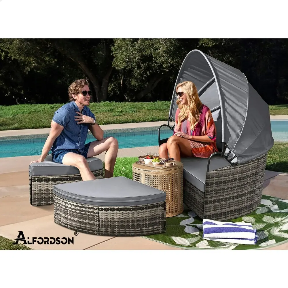 Alfordson Outdoor Sun Lounge Round Day Bed Wicker Furniture Grey