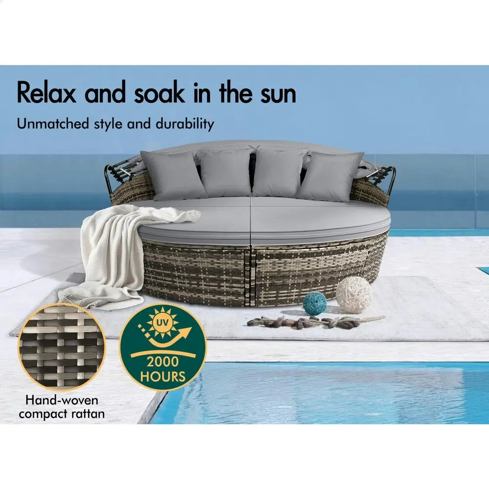 Alfordson Outdoor Sun Lounge Round Day Bed Wicker Furniture Grey