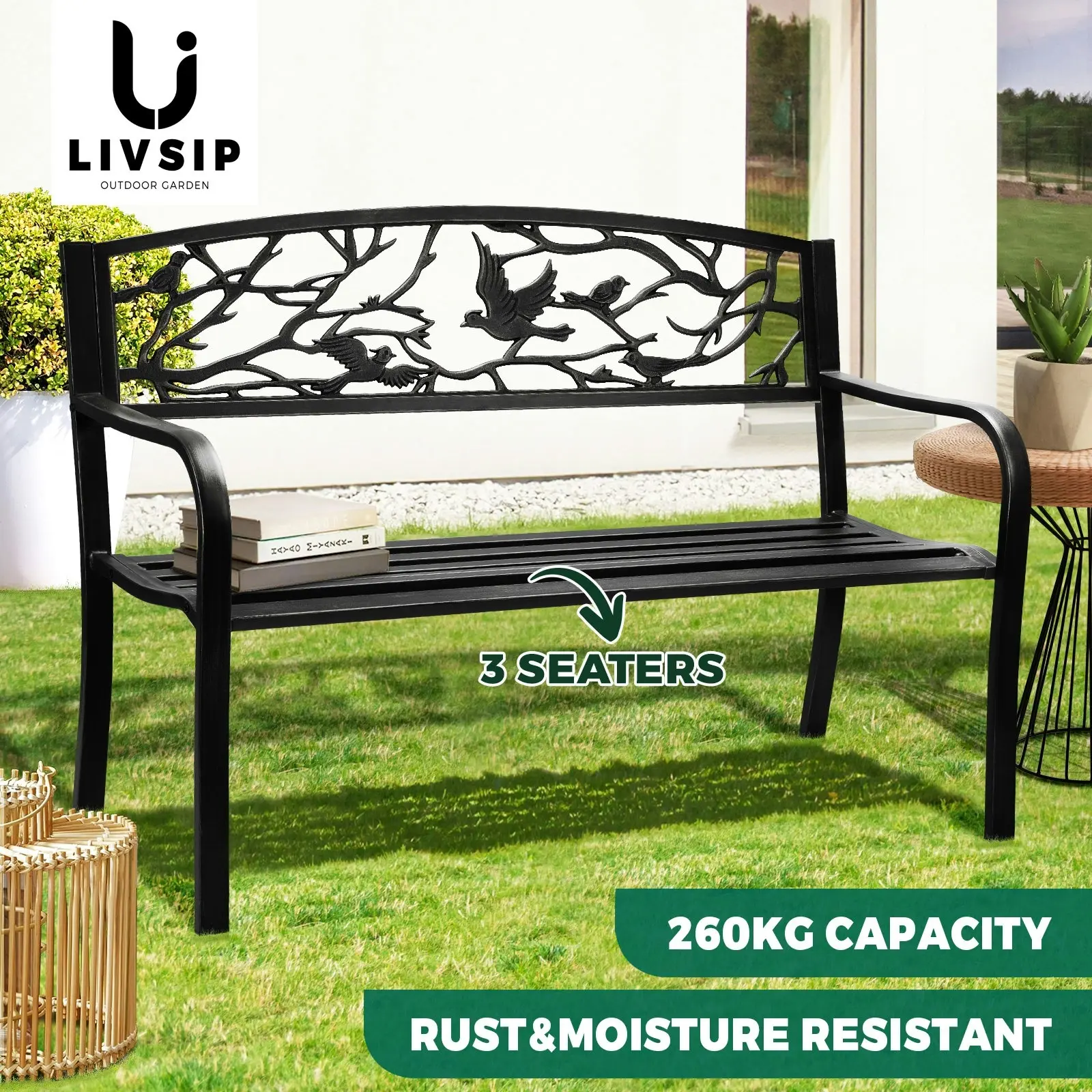 Livsip Garden Bench Seat Outdoor Chair Furniture Backyard Patio Bird Pattern