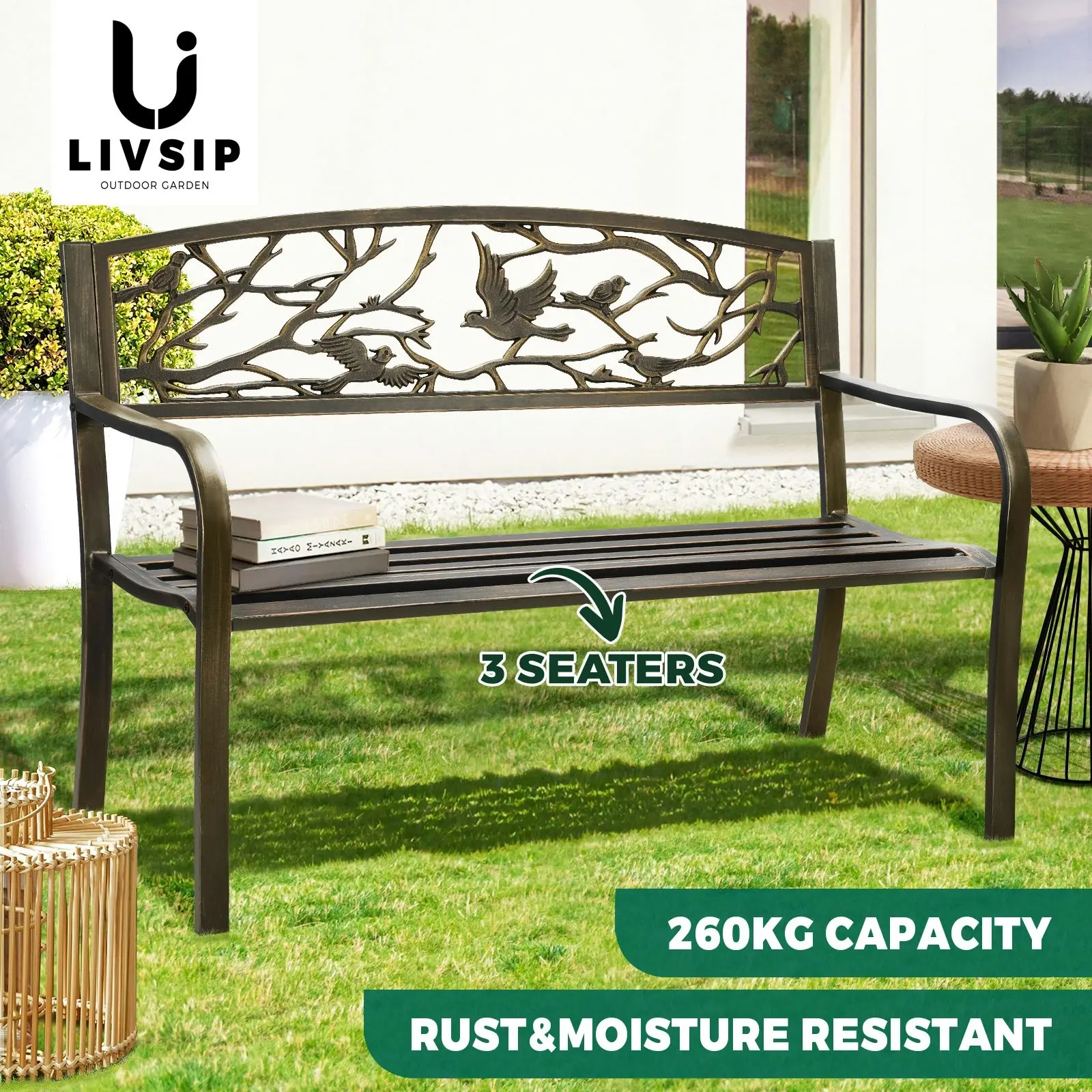 Livsip Garden Bench Park Lounge Patio Chair Backyard 3 Seater Outdoor Furniture