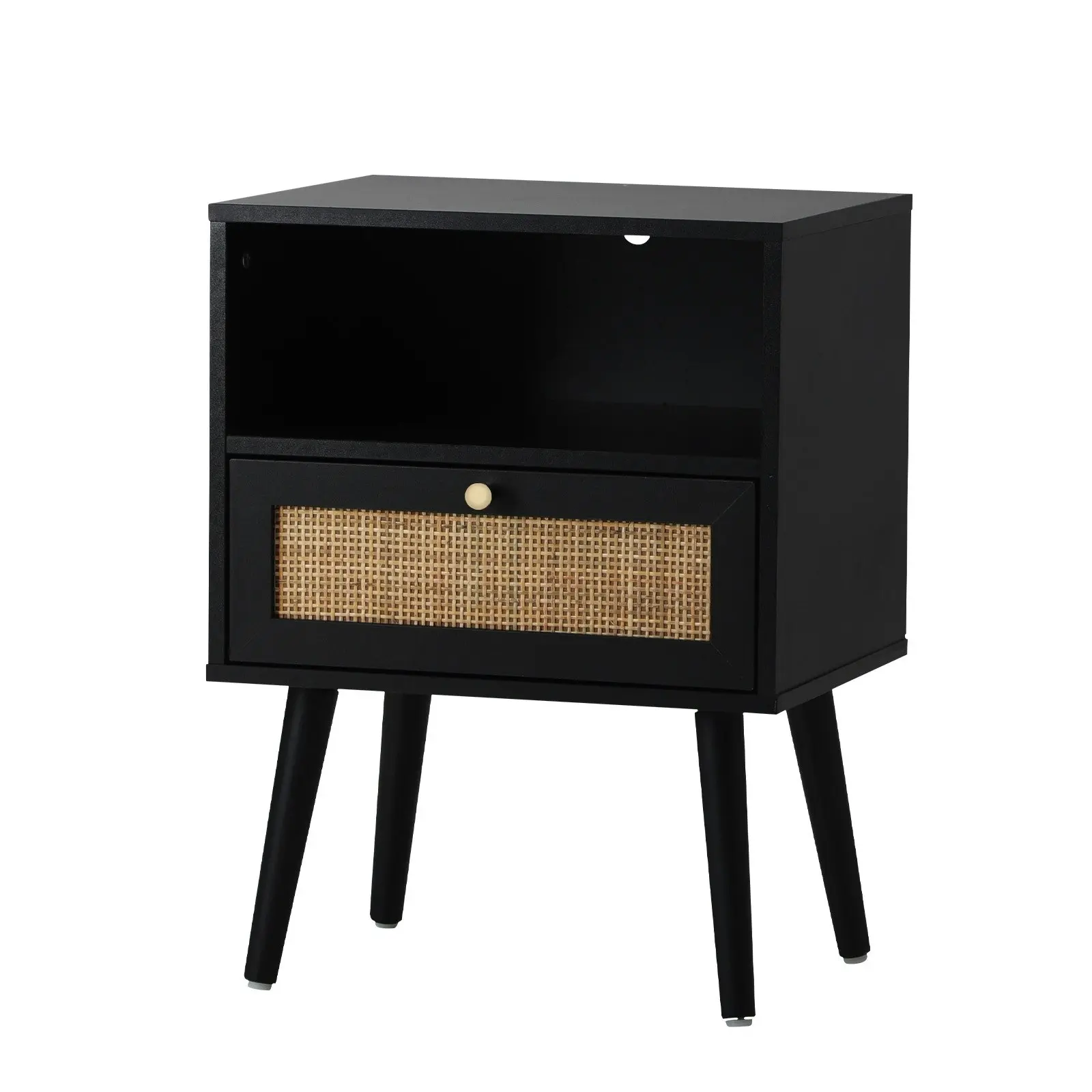 Oikiture Bedside Table Side Table Storage Drawer Shelf Nightstand Rattan Black