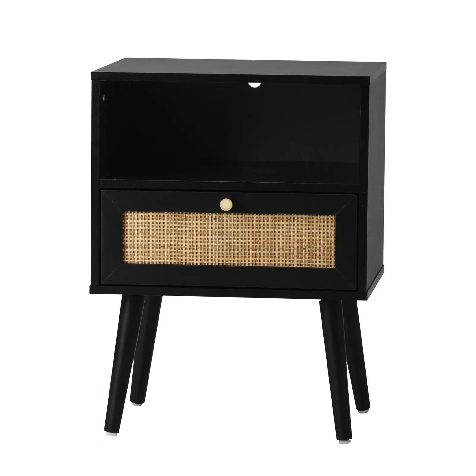 Oikiture Bedside Table Side Table Storage Drawer Shelf Nightstand Rattan Black