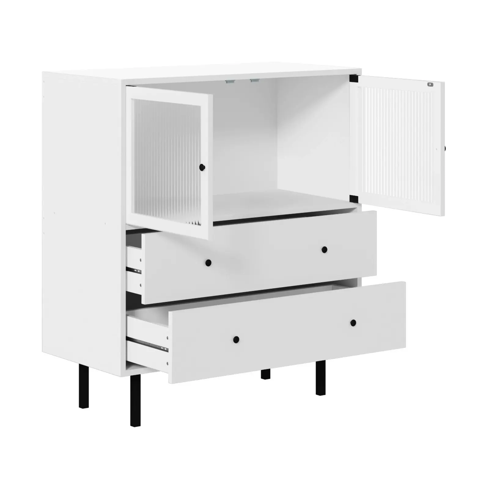 Oikiture Sideboard Buffet Storage Cabinet Tempered Glass Door 2 Drawers White