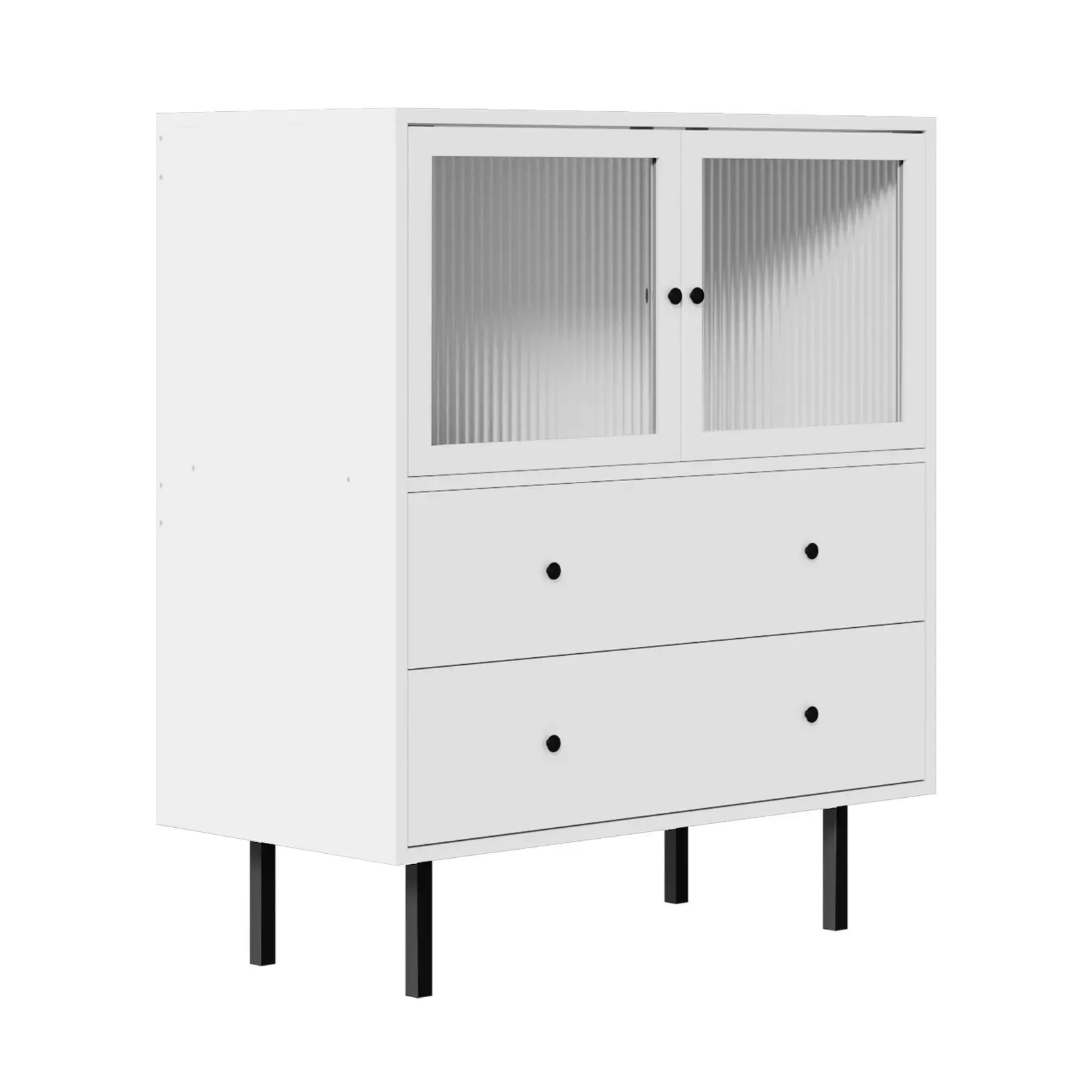 Oikiture Sideboard Buffet Storage Cabinet Tempered Glass Door 2 Drawers White