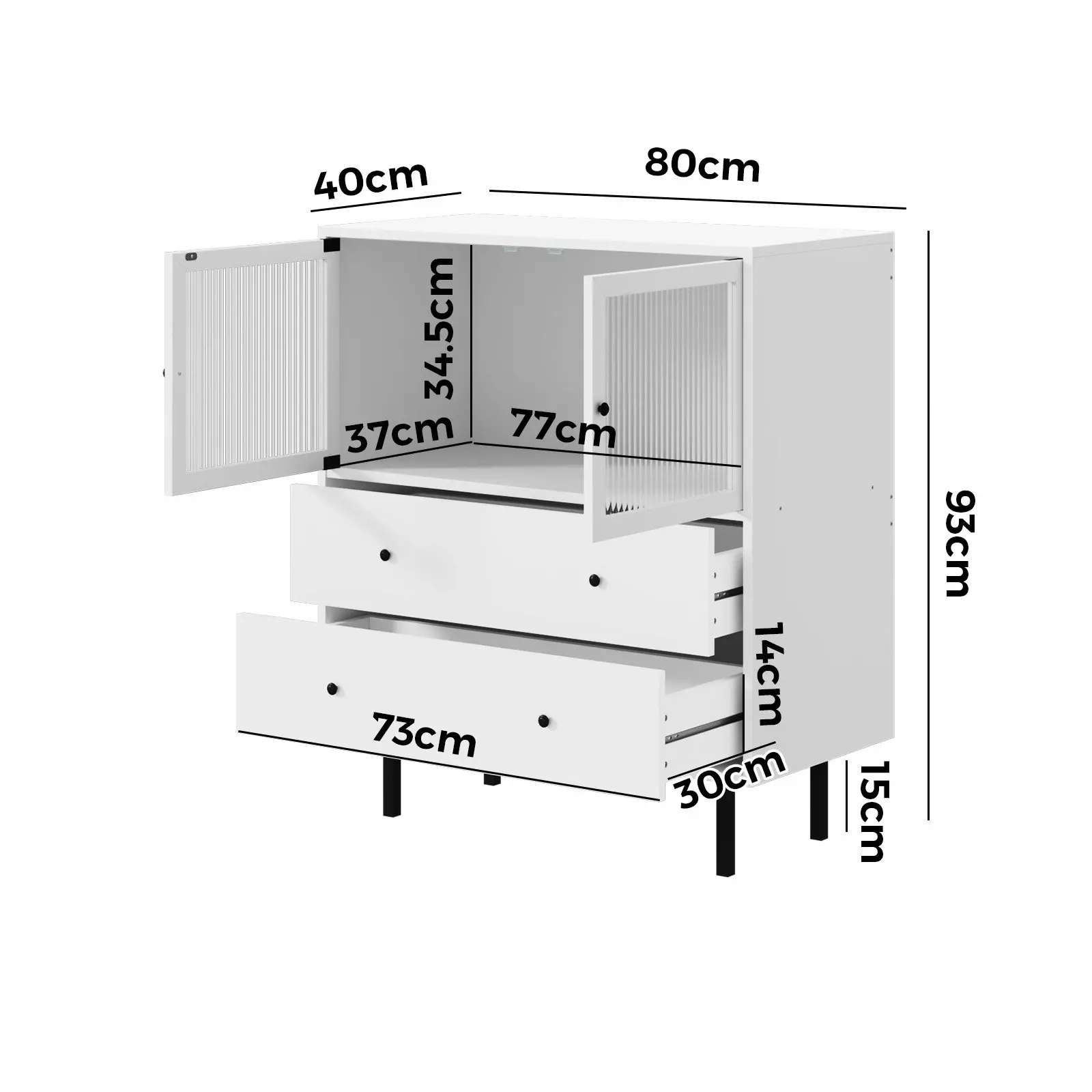 Oikiture Sideboard Buffet Storage Cabinet Tempered Glass Door 2 Drawers White