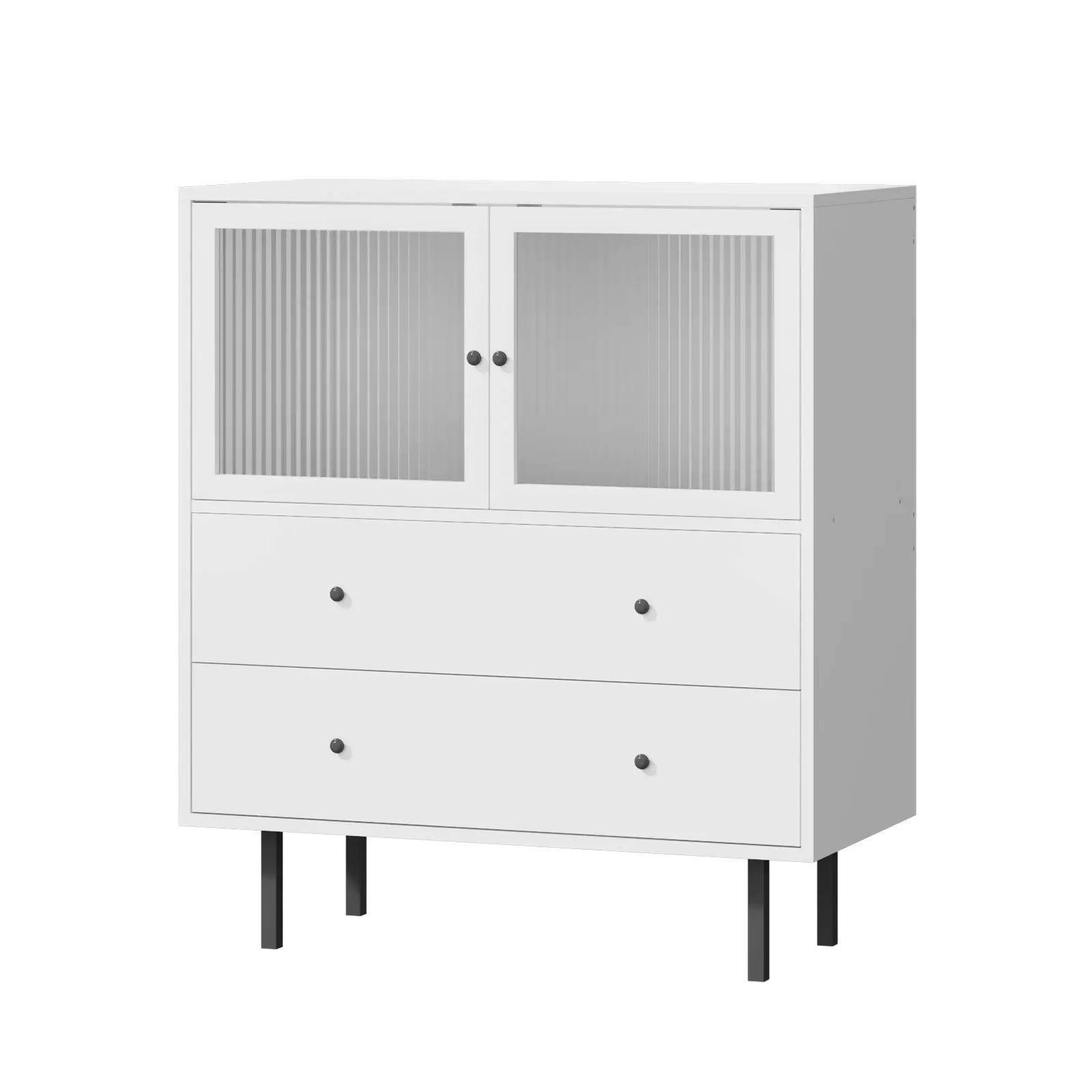 Oikiture Sideboard Buffet Storage Cabinet Tempered Glass Door 2 Drawers White