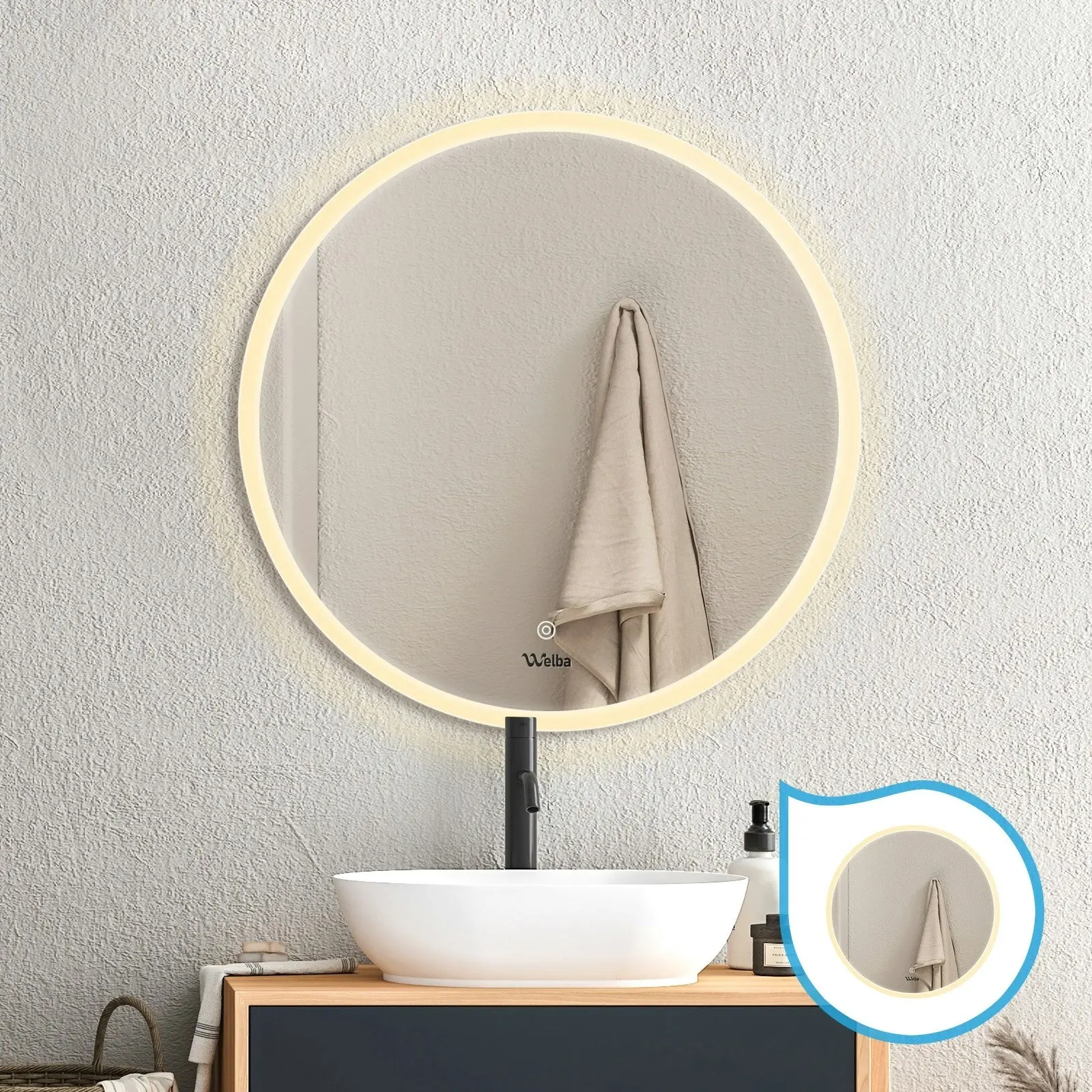 Welba 2PCS 700mm LED Round Bathroom Mirror Anti-fog Wall Makeup Mirrors