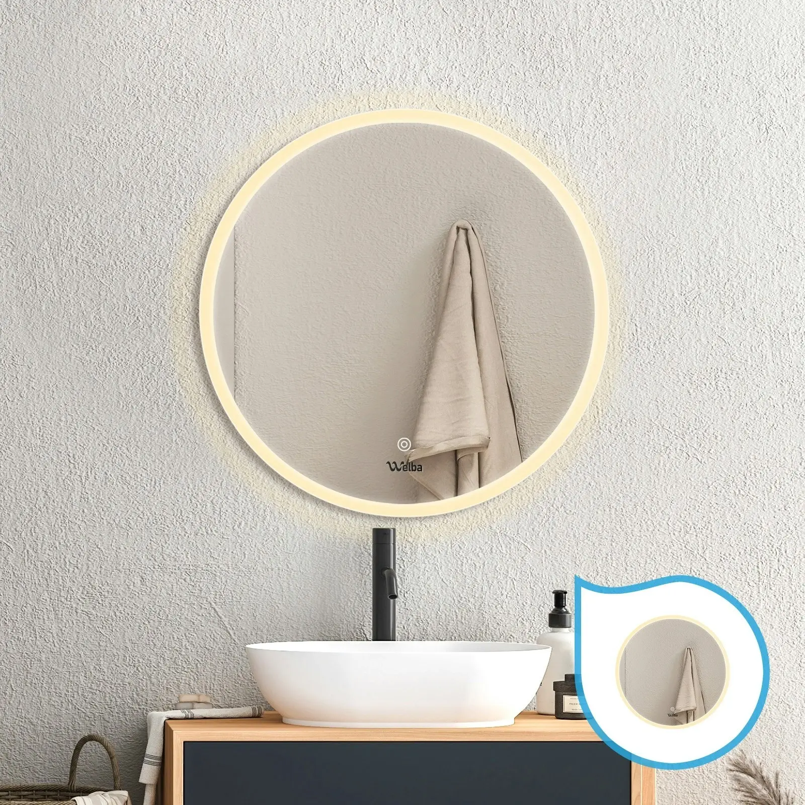 Welba 2PCS 600mm LED Round Bathroom Mirror Anti-fog Wall Makeup Mirrors