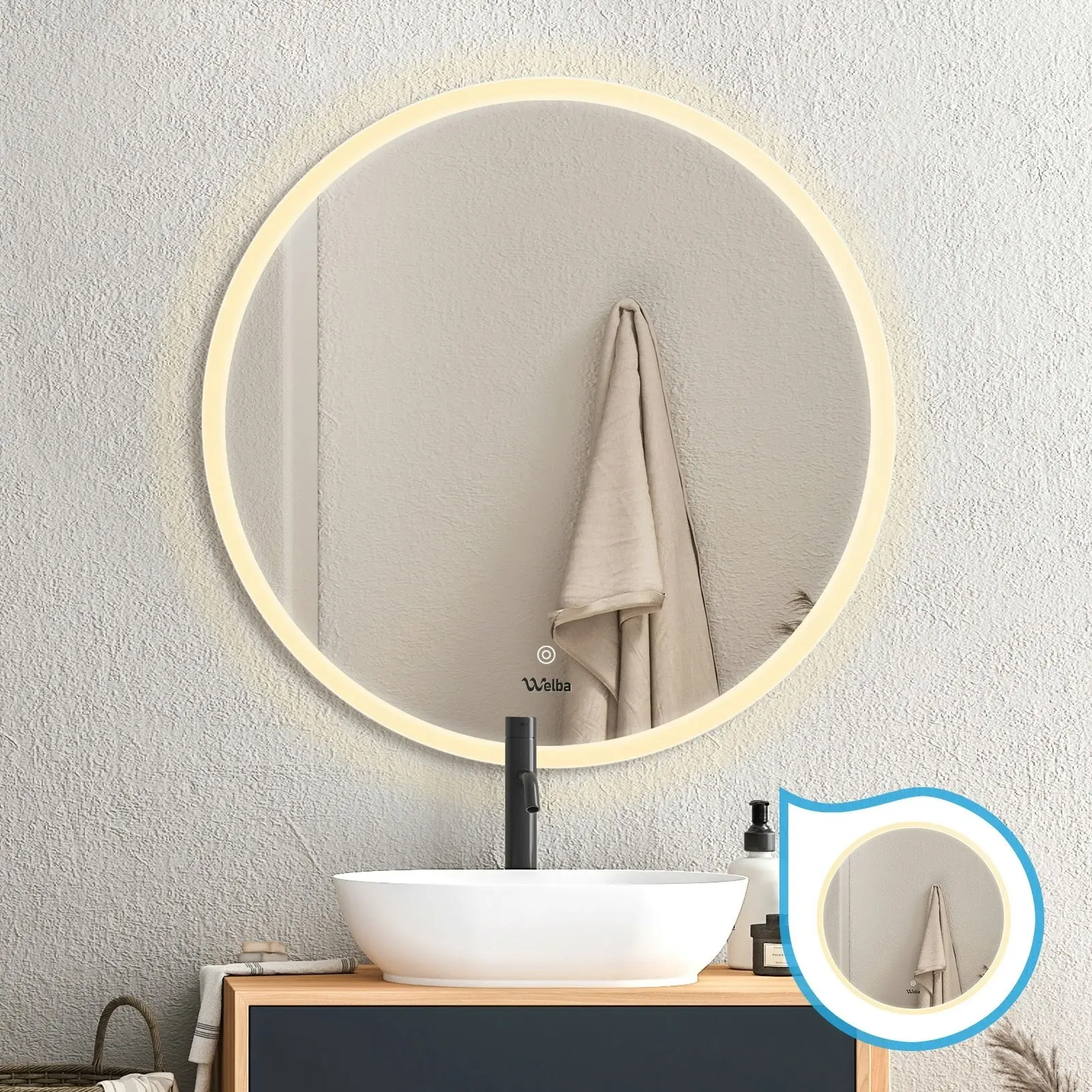 Welba 2PCS 800mm LED Round Bathroom Mirror Anti-fog Wall Makeup Mirrors