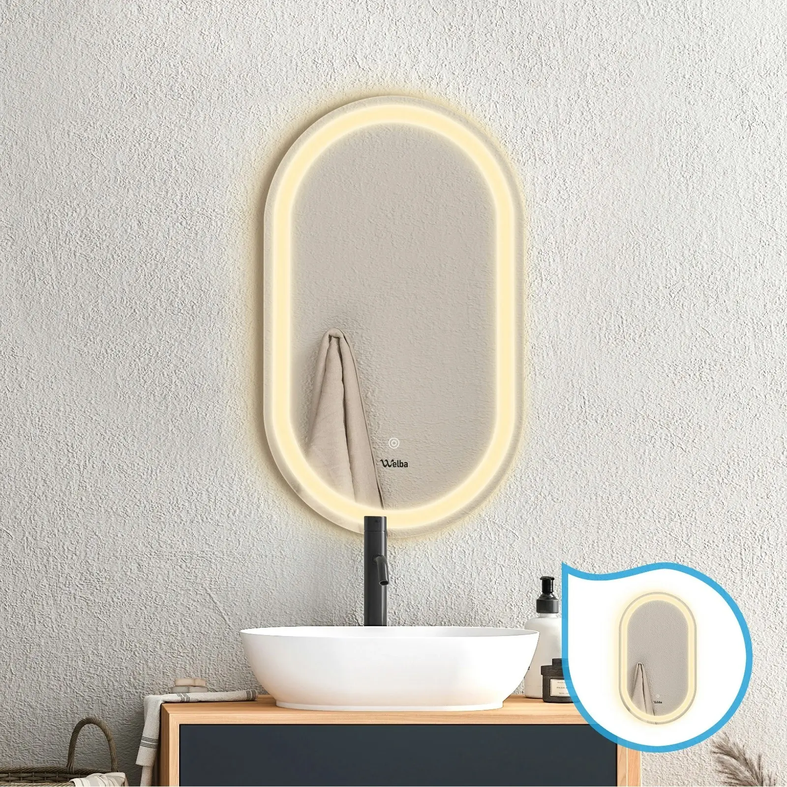 Welba 2PCS 750x500mm LED Oval Bathroom Mirror Anti-fog Wall Makeup Mirrors