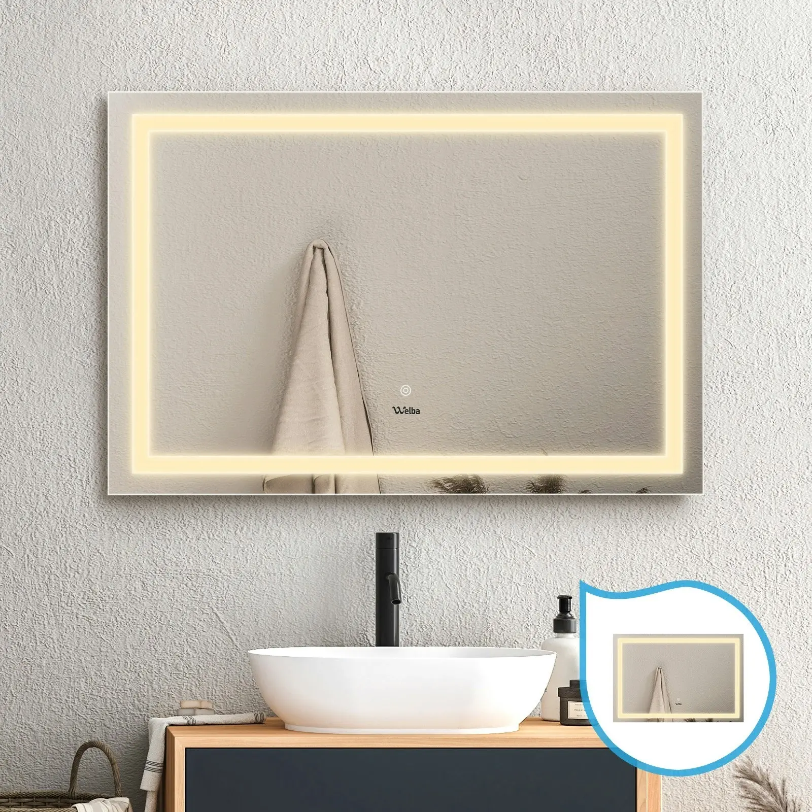 Welba 2PCS 1000x700mm LED Rectangle Bathroom Mirror Anti-fog Wall Makeup Mirrors