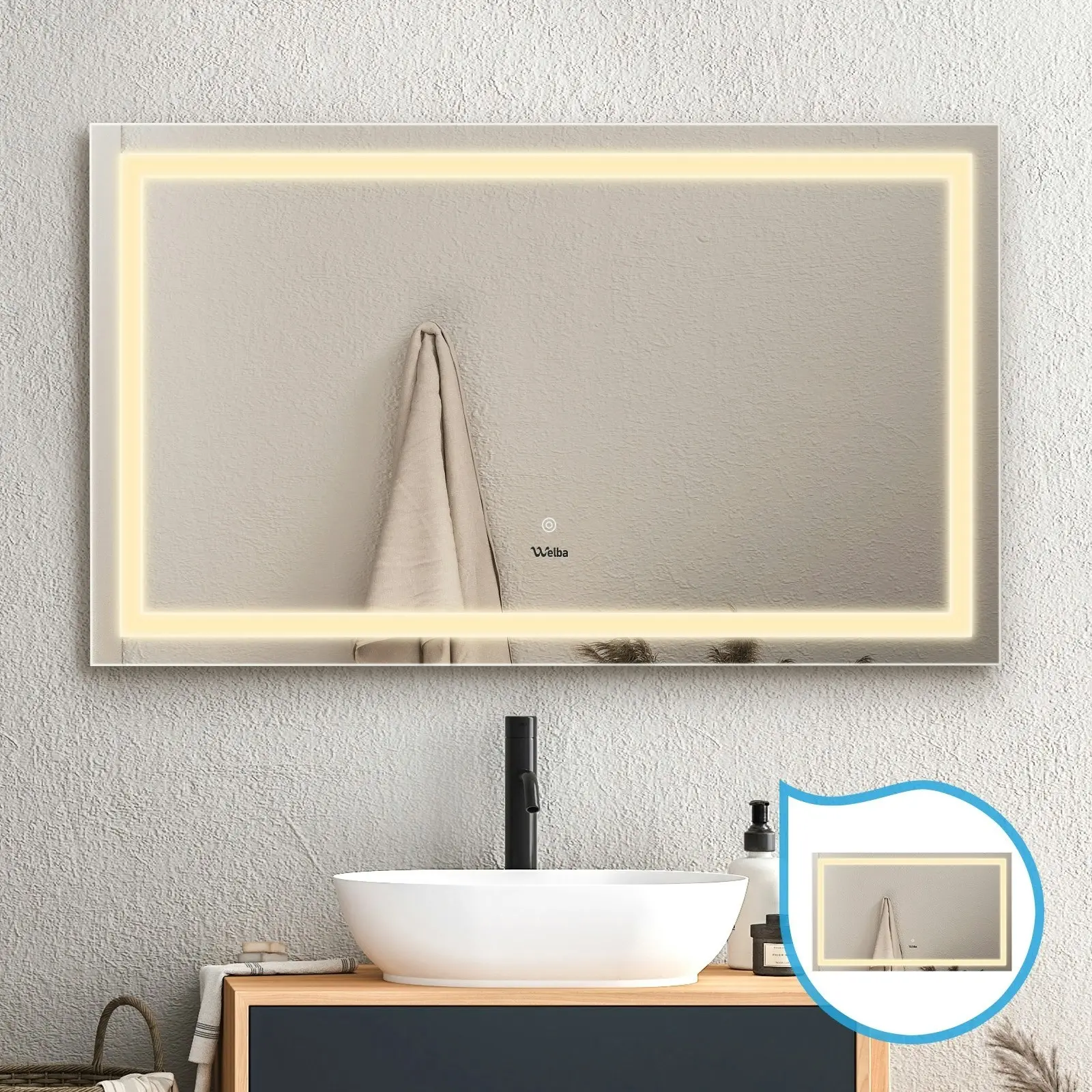 Welba 2PCS 1200x700mm LED Rectangle Bathroom Mirror Anti-fog Wall Makeup Mirrors