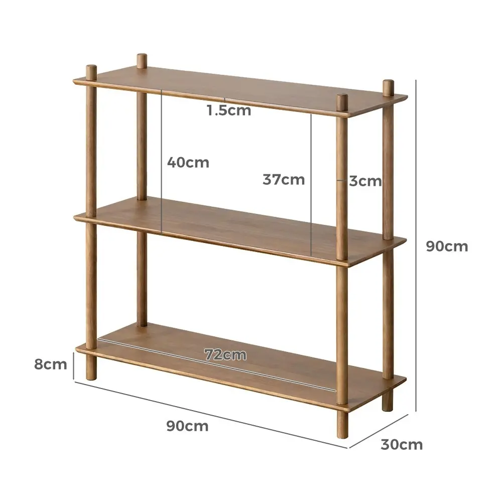 Furb 90CM 3-Tier Rubber Wood Wooden Storage Organizer Stand Shelves Walnut