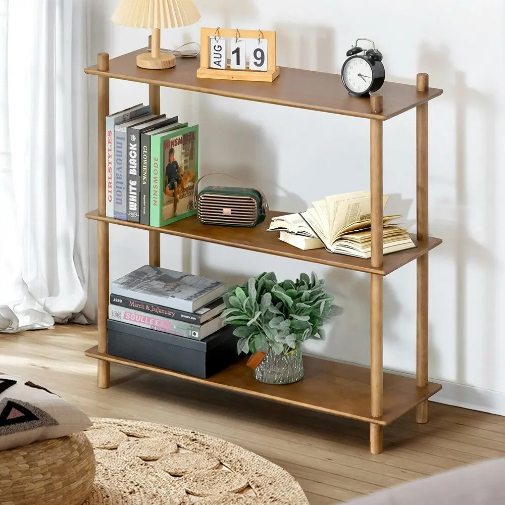 Furb 90CM 3-Tier Rubber Wood Wooden Storage Organizer Stand Shelves Walnut