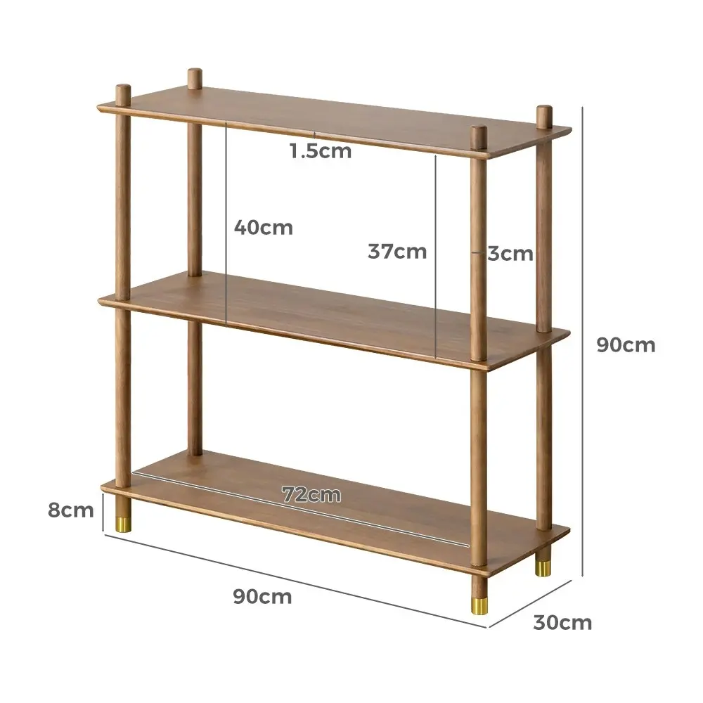 Furb 90CM 3-Tier Wooden Storage Organizer Stand Shelves With Brass Feet Walnut