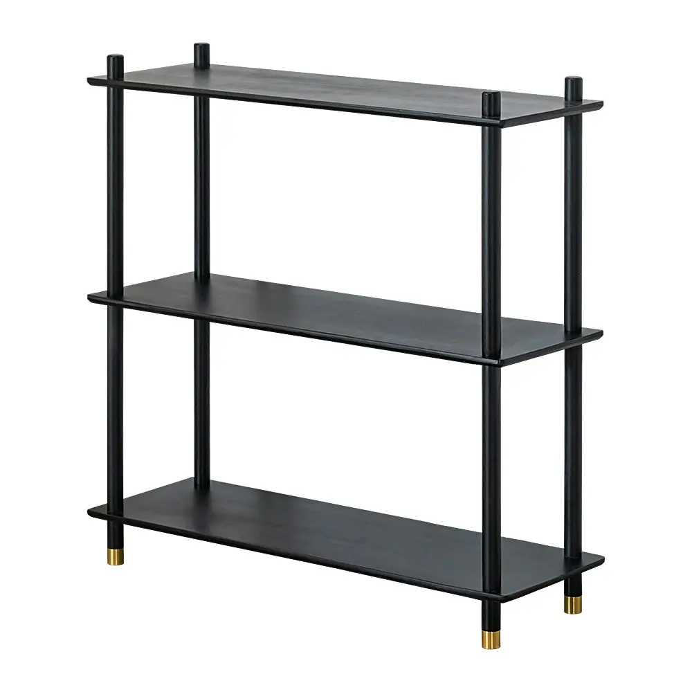 Furb 90CM 3-Tier Wooden Storage Organizer Stand Shelves With Brass Feet Black