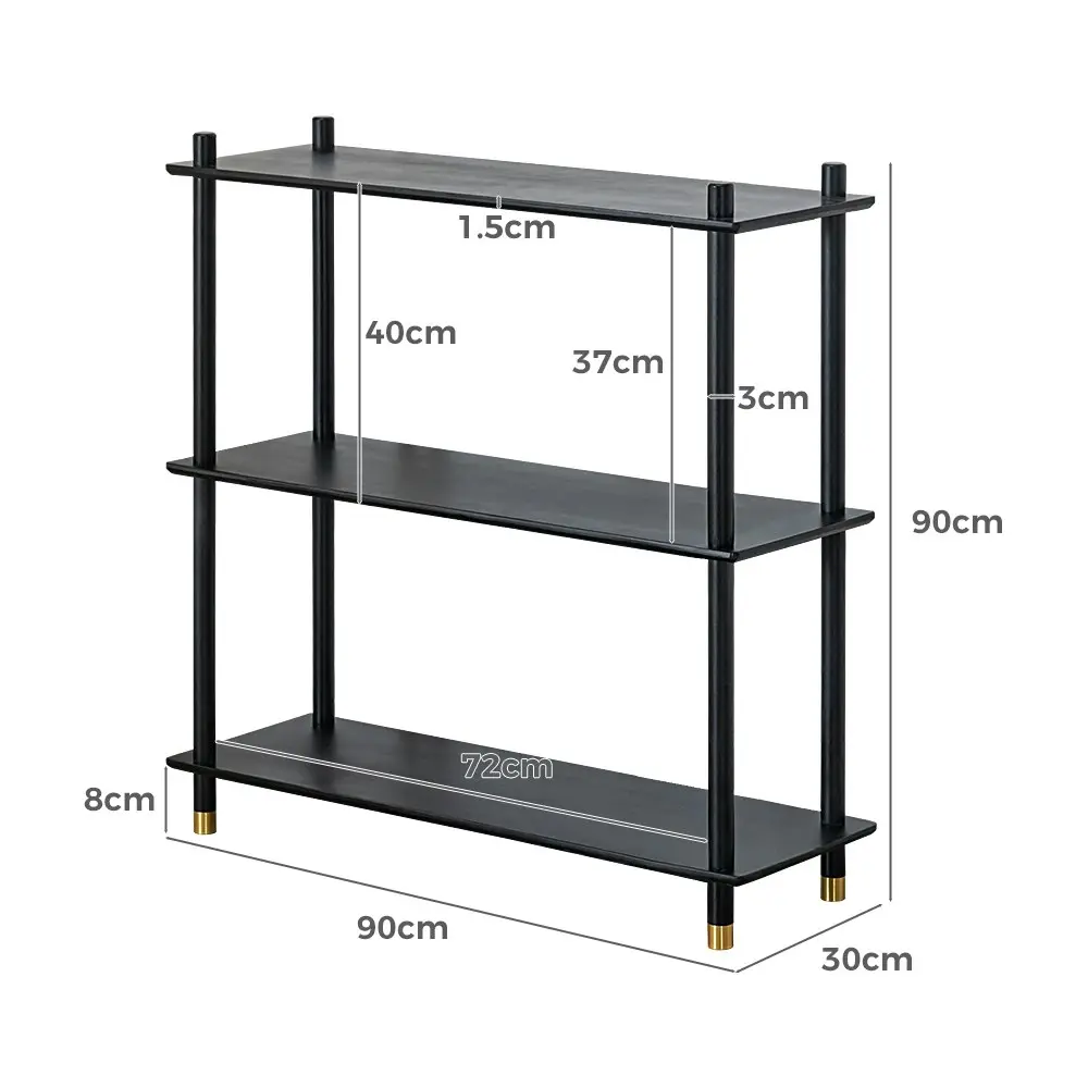 Furb 90CM 3-Tier Wooden Storage Organizer Stand Shelves With Brass Feet Black