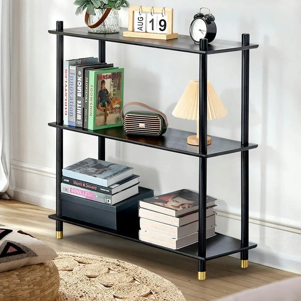 Furb 90CM 3-Tier Wooden Storage Organizer Stand Shelves With Brass Feet Black