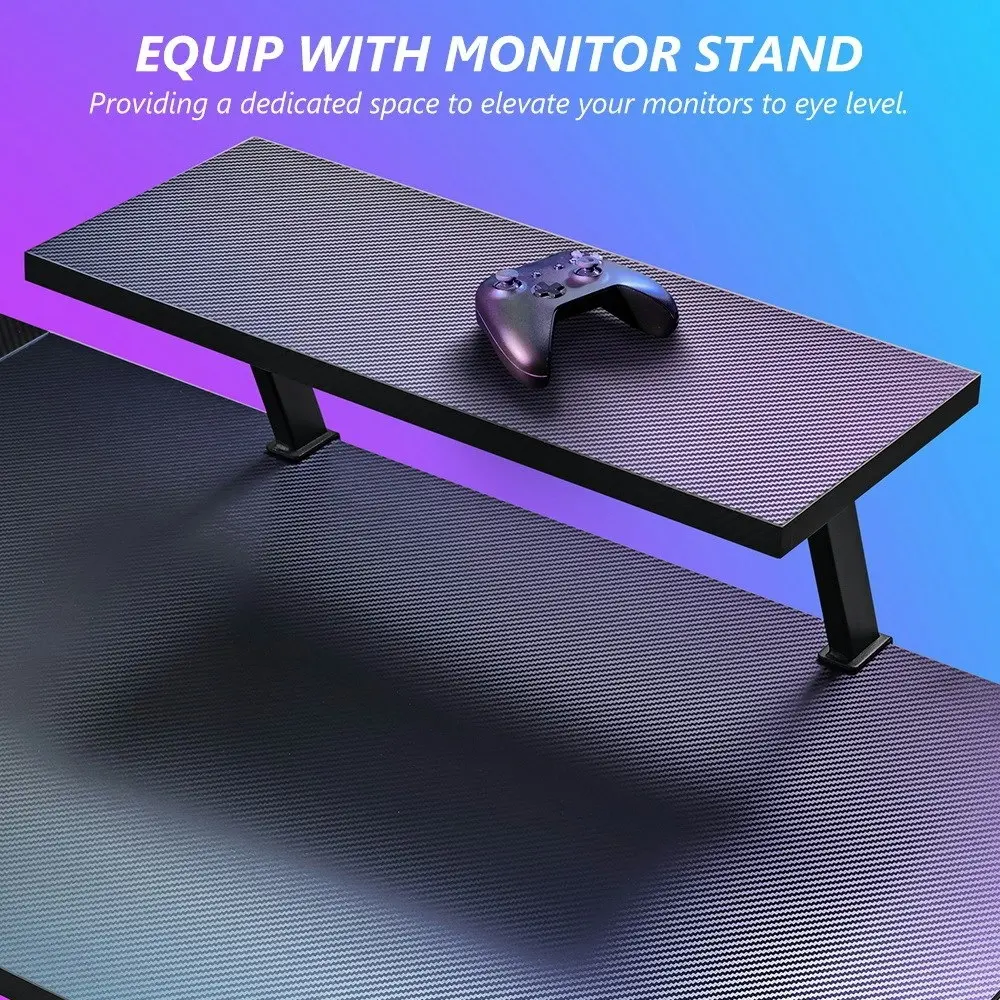 Furb L Shaped Gaming Desk LED Carbon Fiber Corner Computer Table w/Monitor Stand