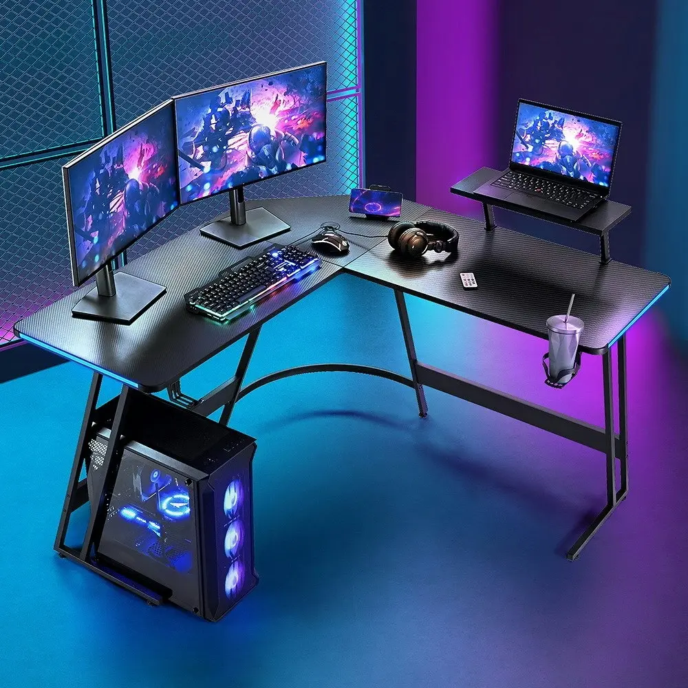 Furb L Shaped Gaming Desk LED Carbon Fiber Corner Computer Table w/Monitor Stand