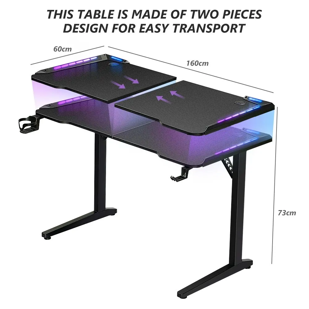 Furb 160CM Ergonomic T LED Gaming Desk Carbon Fiber Computer Table With Holder