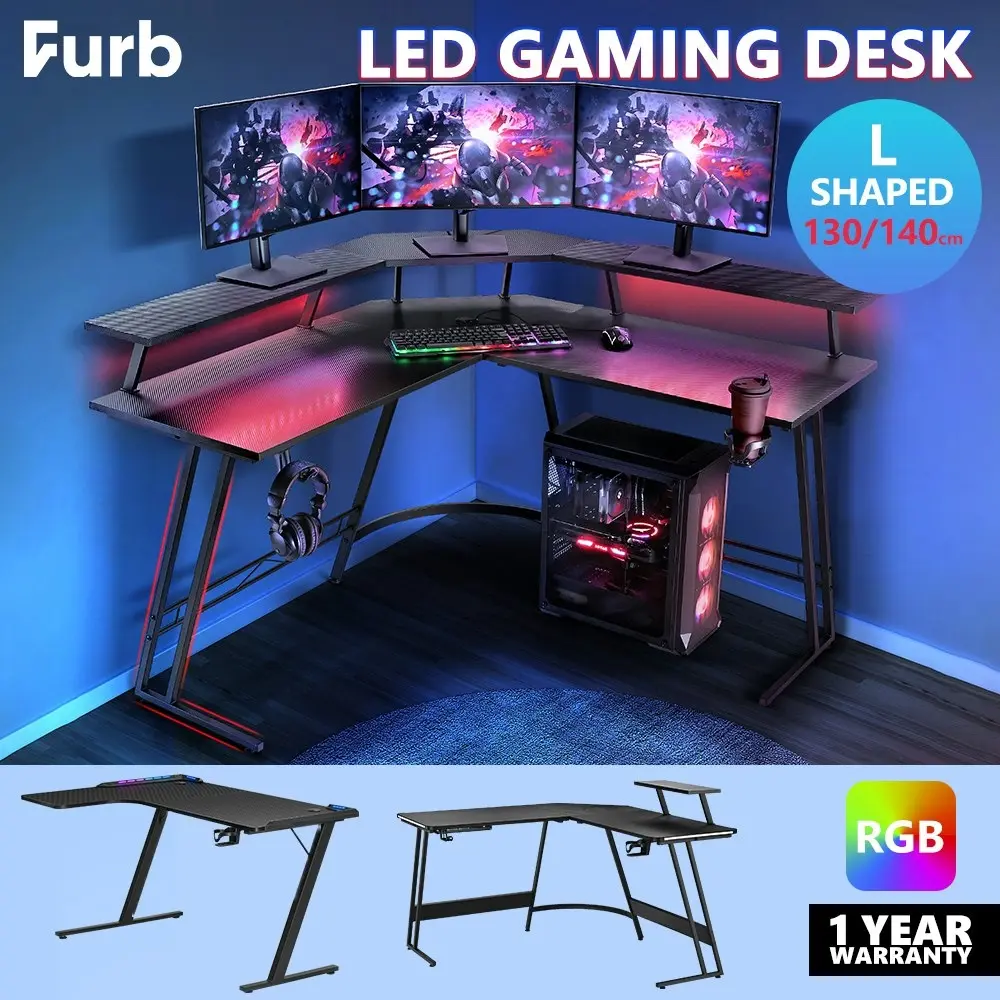 Furb L Shape Gaming Computer Desk RGB LED Corner Computer Carbon Fiber Table