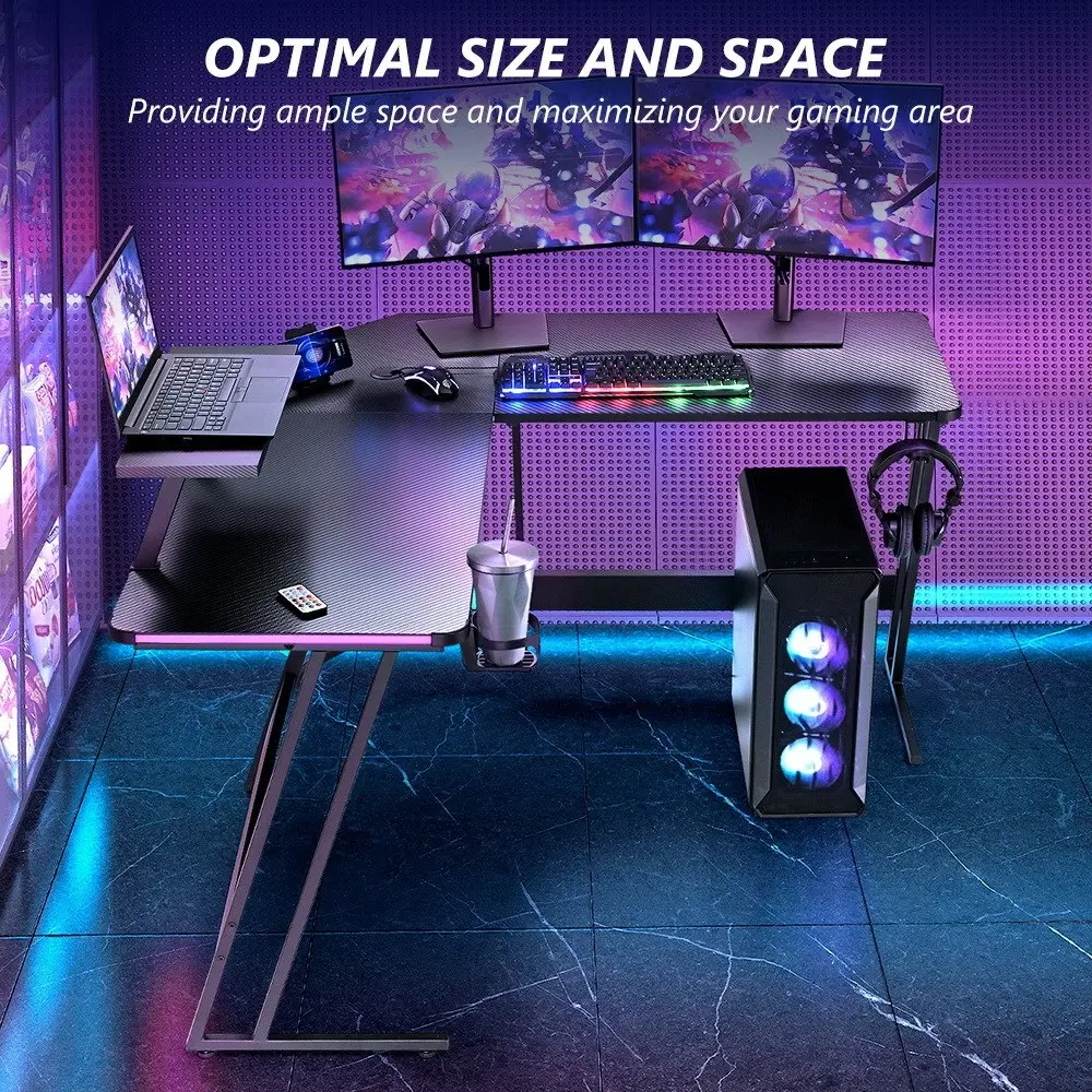 Furb L Shape Gaming Computer Desk RGB LED Corner Computer Carbon Fiber Table