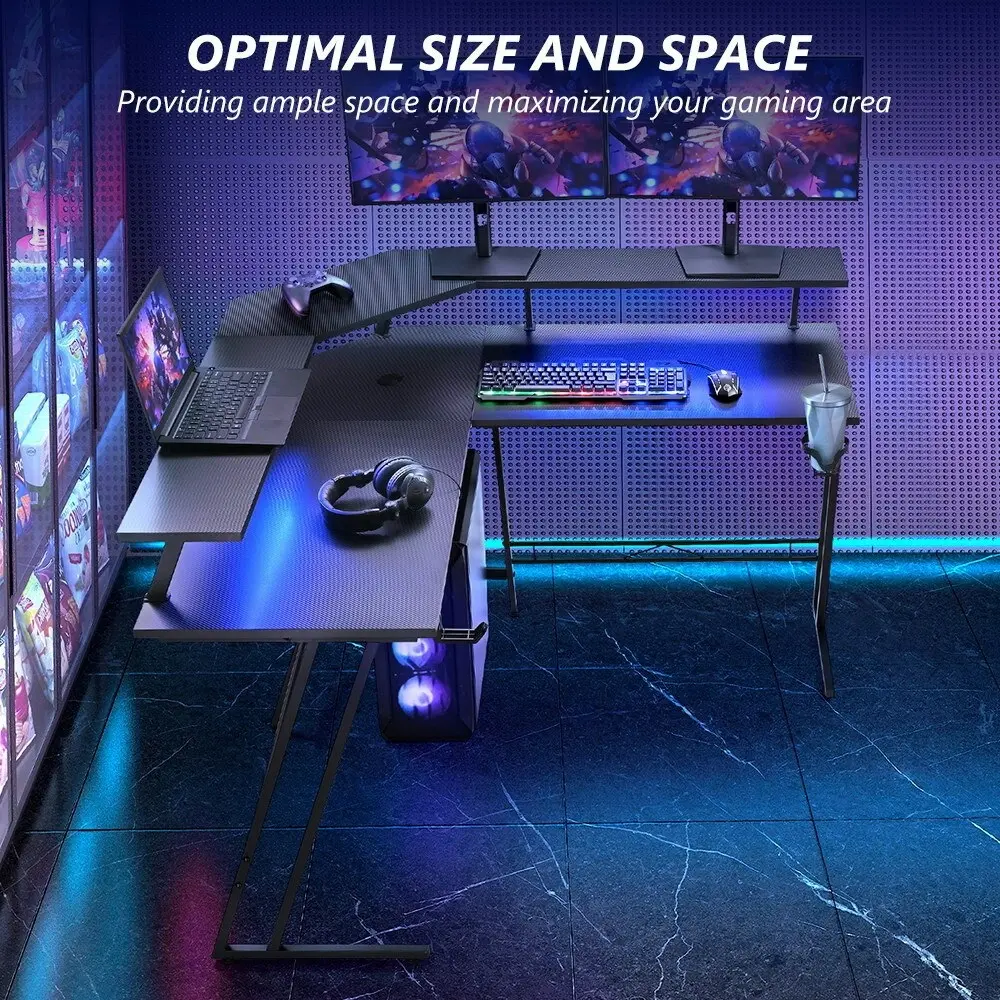 Furb L Shape Gaming Computer Desk RGB LED Corner Computer Carbon Fiber Table