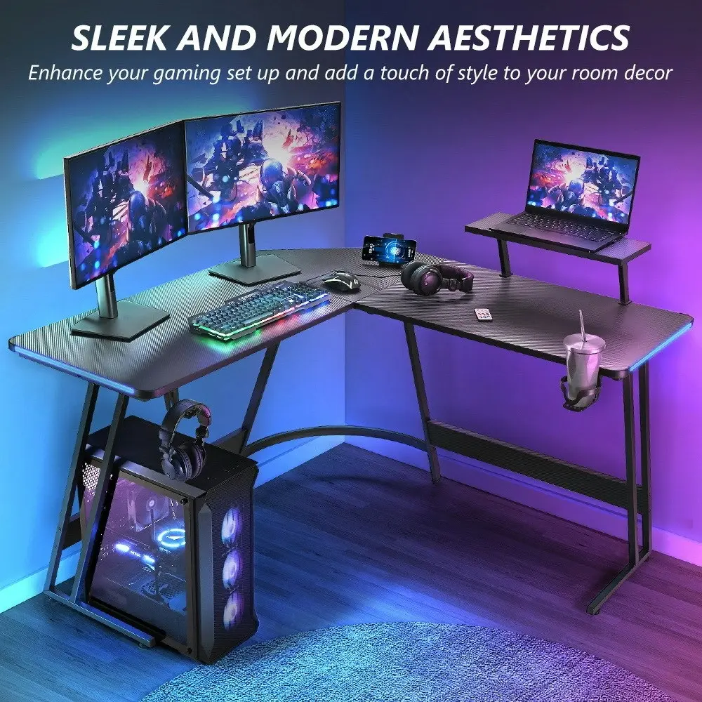 Furb L Shape Gaming Computer Desk RGB LED Corner Computer Carbon Fiber Table