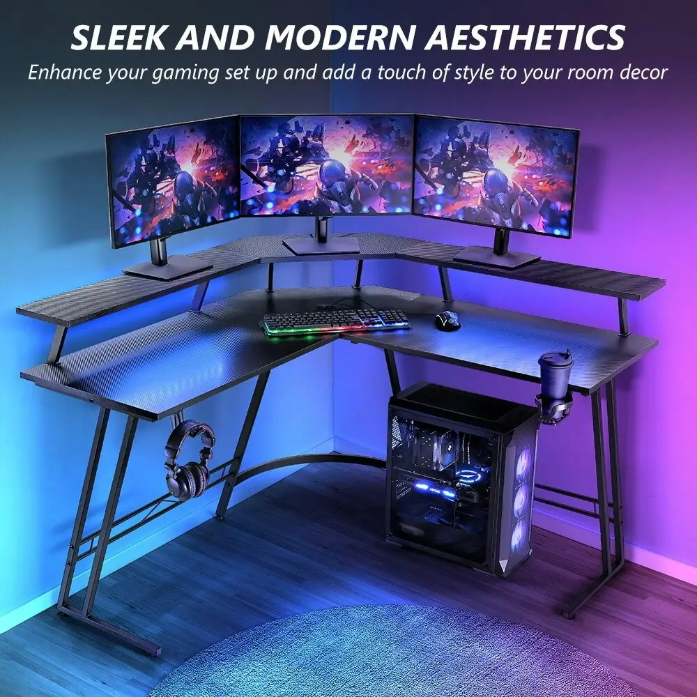 Furb L Shape Gaming Computer Desk RGB LED Corner Computer Carbon Fiber Table