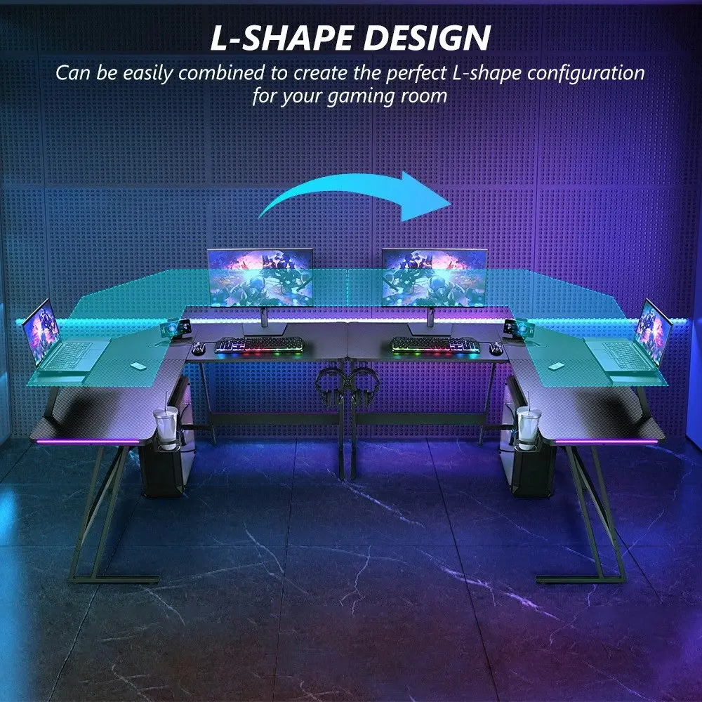 Furb L Shape Gaming Computer Desk RGB LED Corner Computer Carbon Fiber Table