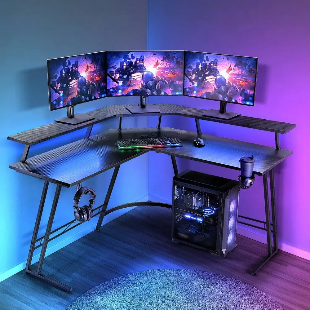 Furb L Shaped Gaming Desk LED Carbon Fiber Corner Computer Table w/Monitor Shelf