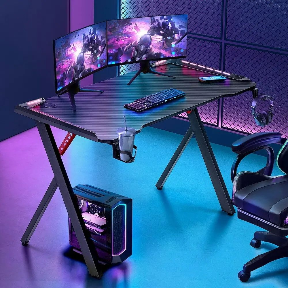 Furb Gaming Desk X Shape LED Computer Desk Ergonomic Carbon Fiber Table Holder