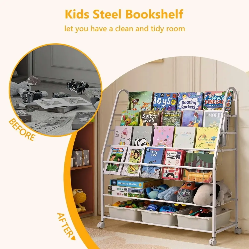 Furb Bookshelf for Kids Children Bookcase Steel Frame Toy Organizer Storage