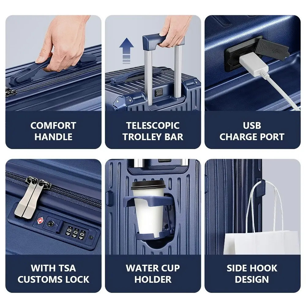 Tabibito 20" Luggage TSA Lock PC+ABS Suitcase USB Port Cup Holder Side Hook Navy