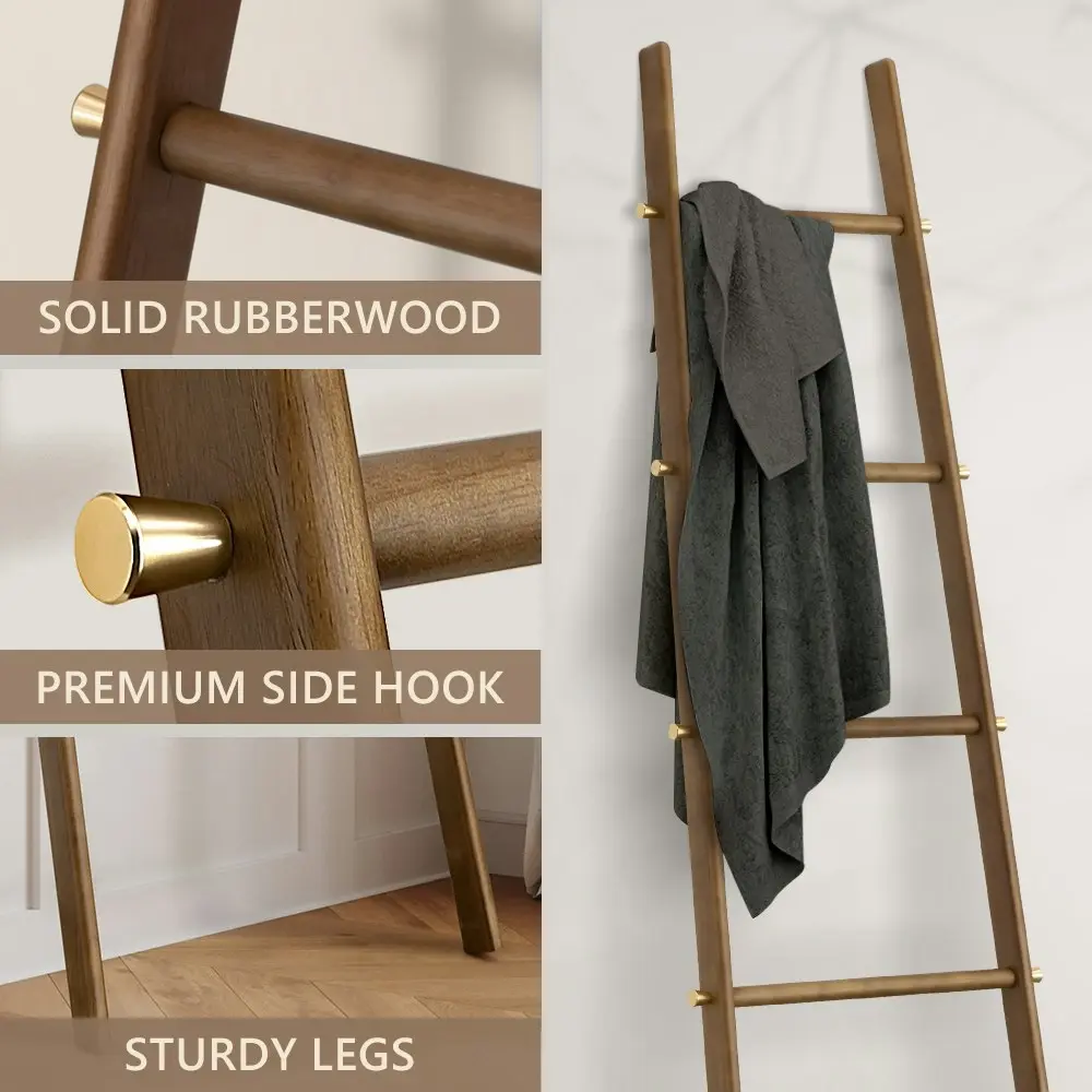 Furb 4-Tier Rubber Wood Freestanding Rack Towel Ladder Blanket Ladder Walnut