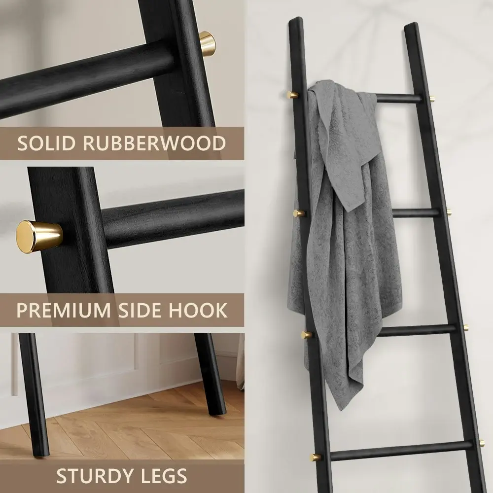 Furb 4-Tier Rubber Wood Freestanding Rack Towel Ladder Blanket Ladder Black